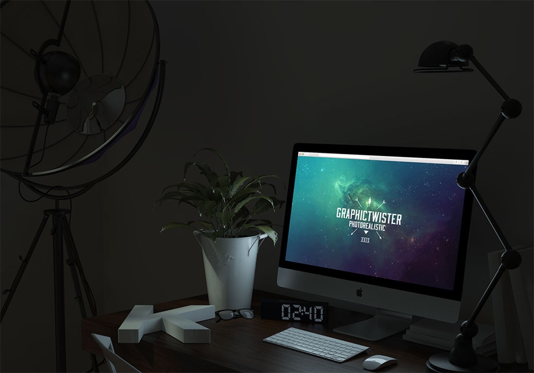 PSDの無料の輝く夜のiMacモックアップ