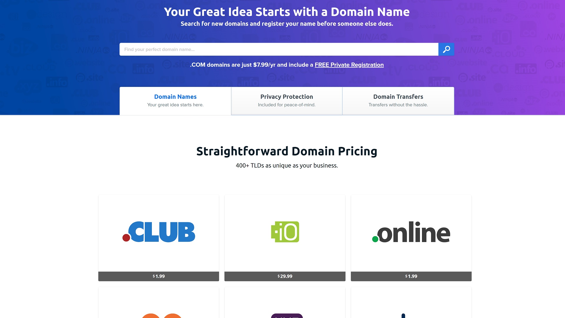 Halaman pendaftaran domain DreamHost
