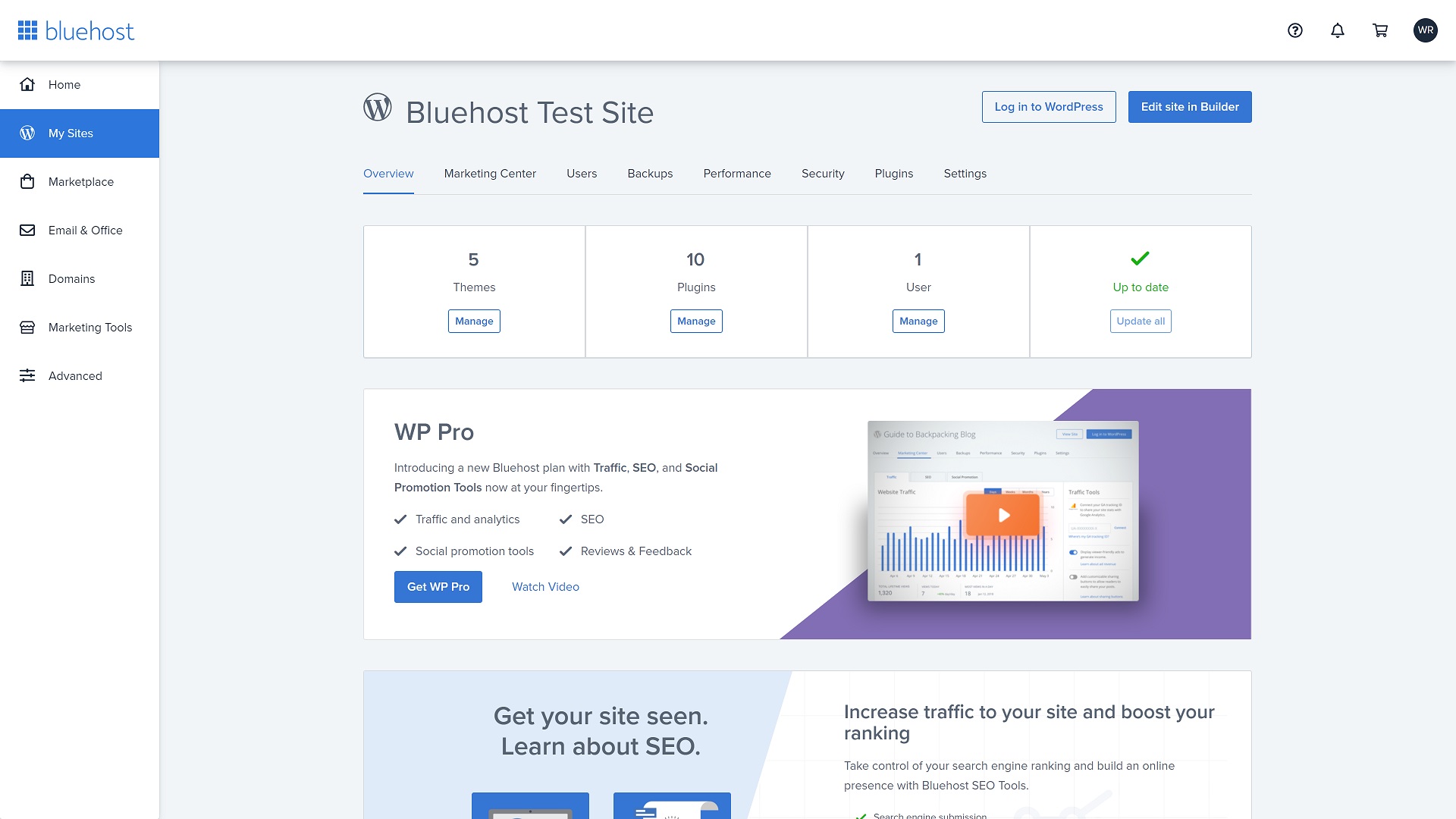 Tangkapan layar dasbor manajemen Bluehost