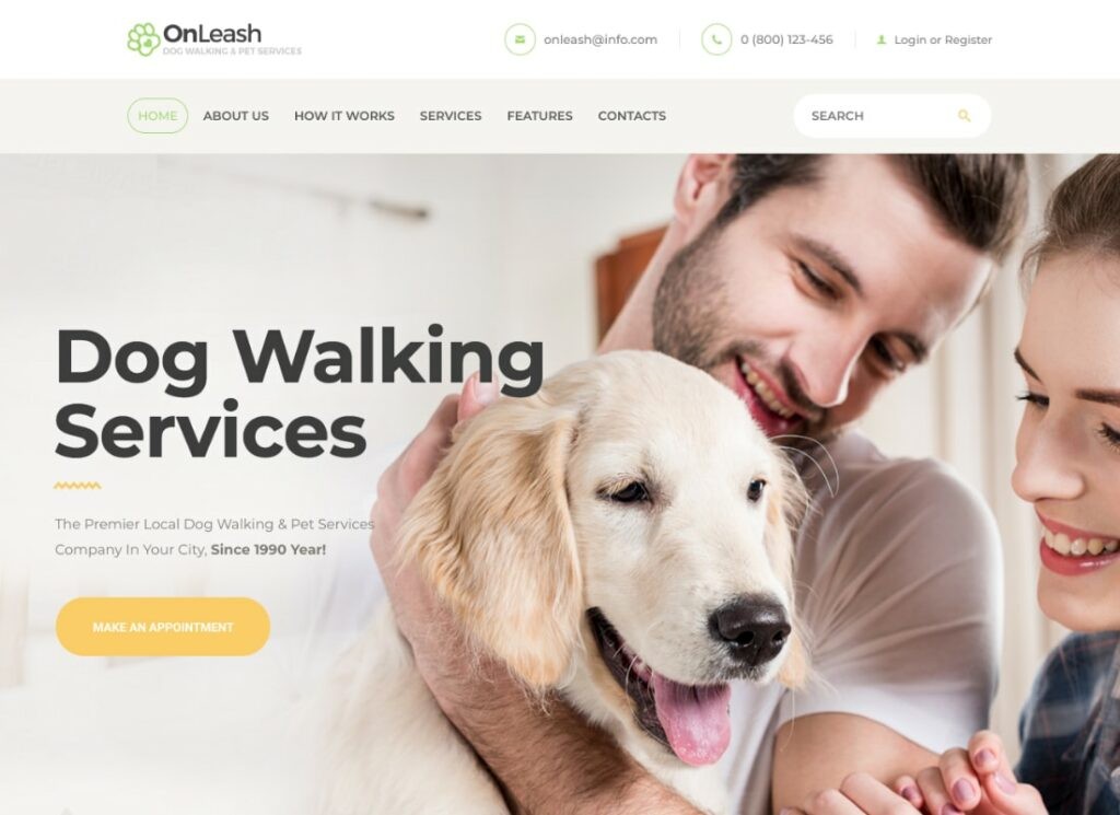 con correa | Paseador de perros y servicios para mascotas Tema de WordPress