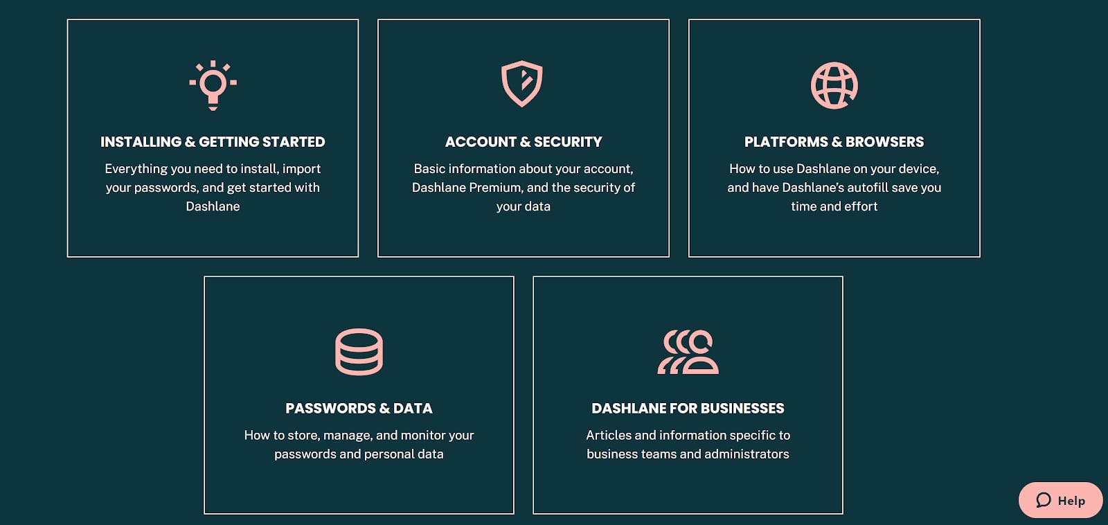 Die Dashlane-Webseite mit detaillierten Support-Bereichen