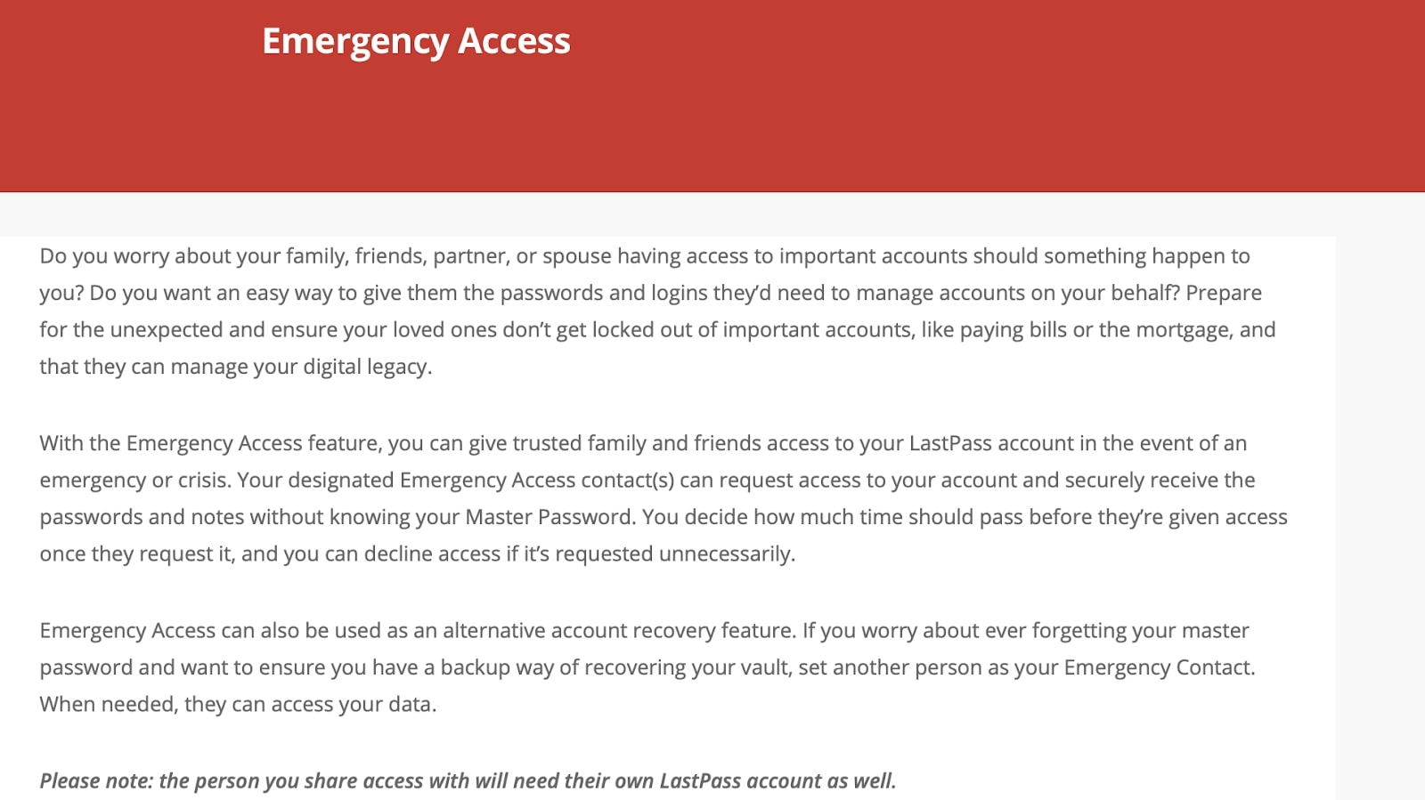 A página de acesso de emergência do LastPass