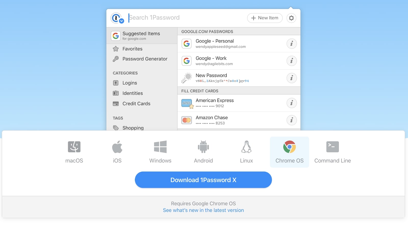 A página da Web do 1Password para seu aplicativo Chrome OS