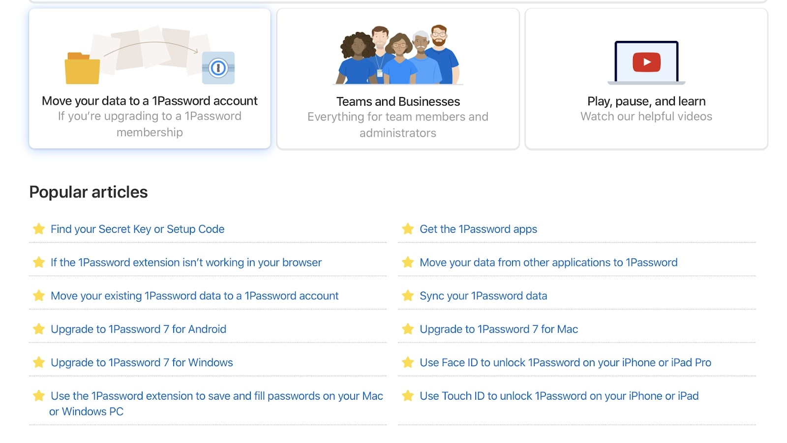 Página de suporte do 1Password