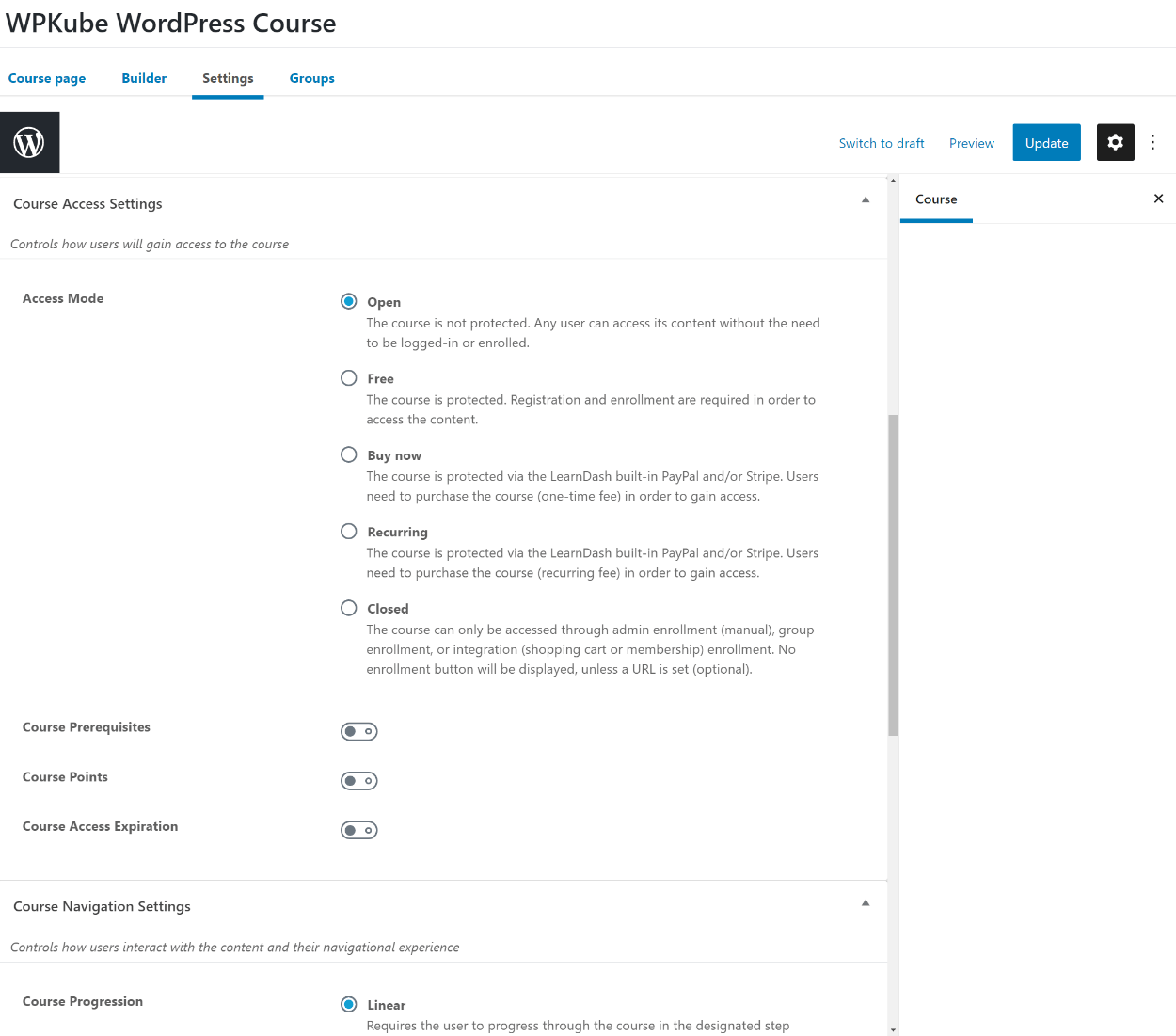 Configurações do curso LearnDash