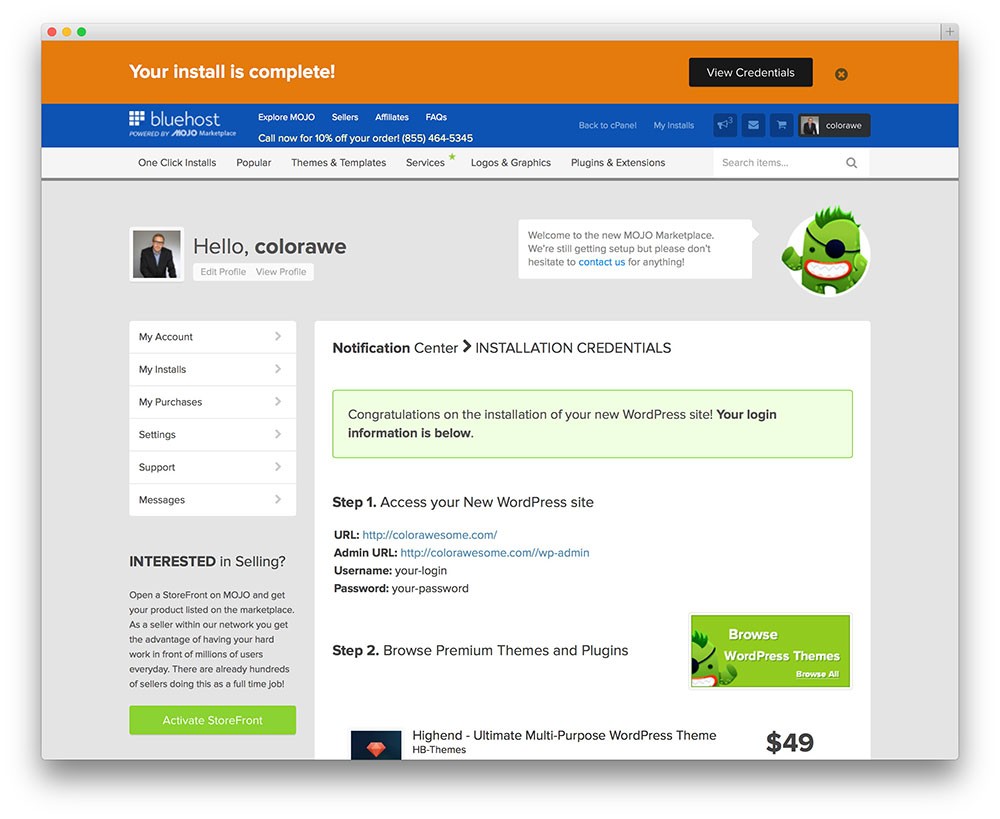 Bluehost 上的 WordPress 登录凭据显示