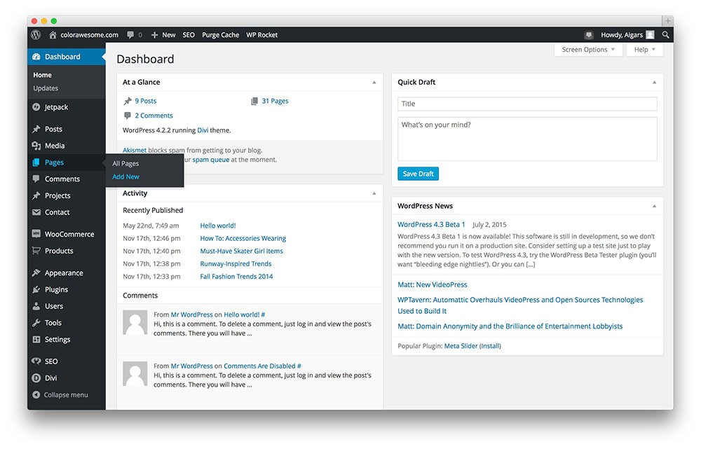 添加新页面 wordpress