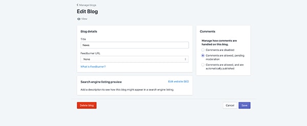 options de blog dans Shopify