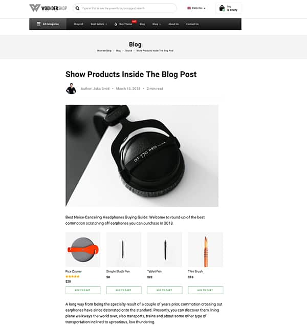 Capture d'écran d'un exemple d'ajout de produits à un article de blog dans le thème Woondershop