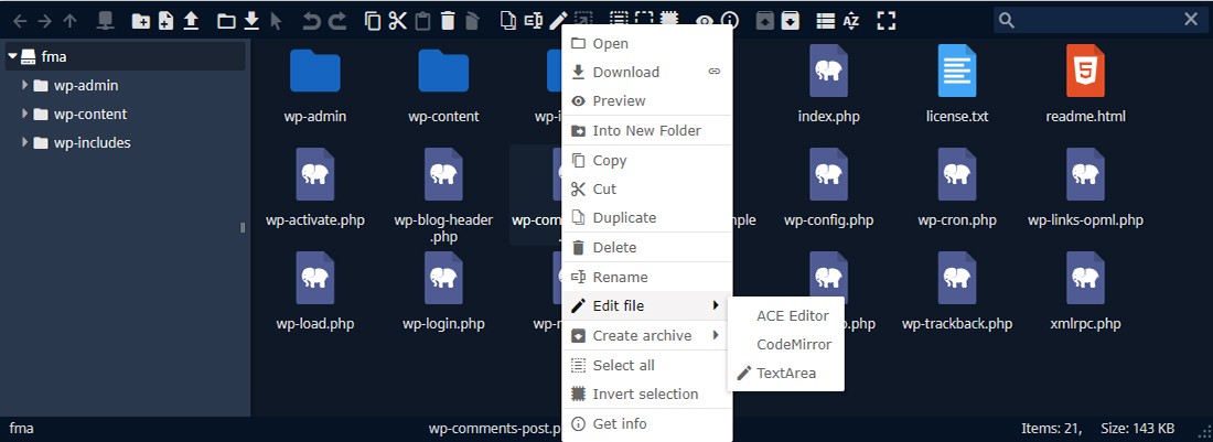 ملحقات مدير ملفات WordPress ذات المظهر الداكن