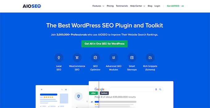 オールインワンSEOランディングページの例 All in One SEO landing page example