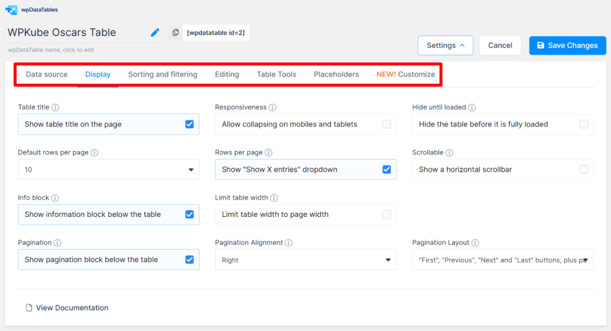การตั้งค่าตาราง wpDataTables