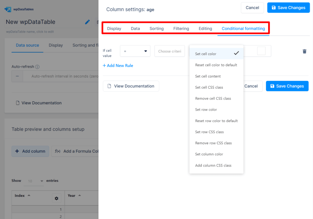 การตั้งค่าคอลัมน์ wpDataTables