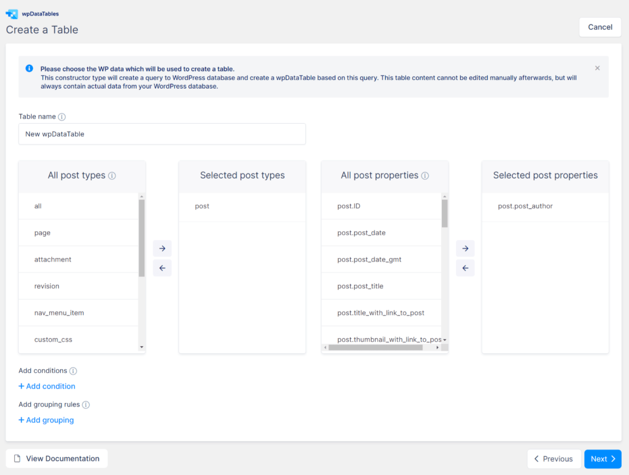 ตัวสร้างแบบสอบถาม wpDataTables