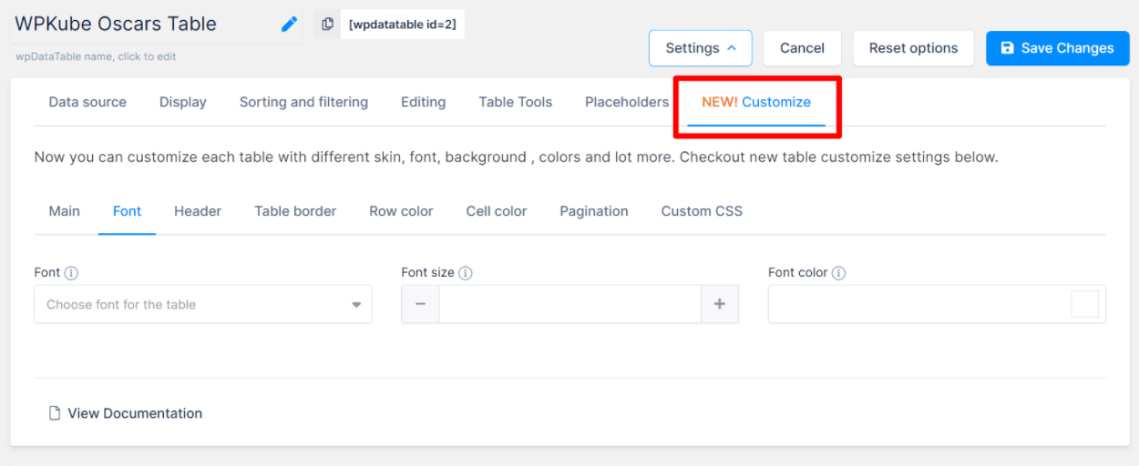 ตัวเลือกการปรับแต่ง wpDataTables