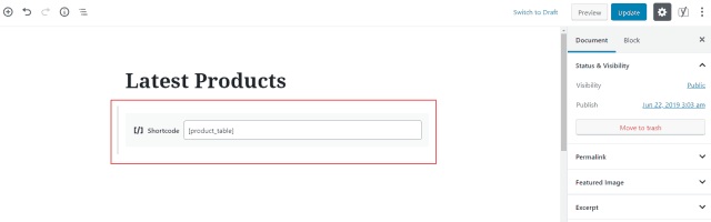Shortcode della tabella dei prodotti WooCommerce nell'editor di Gutenberg