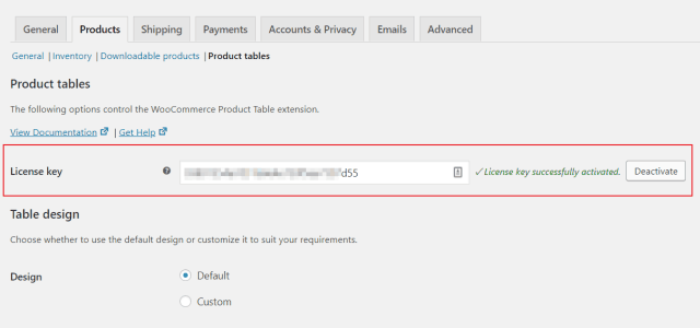 Attiva la chiave di licenza della tabella dei prodotti WooCommerce