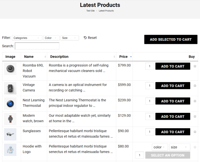 Anteprima della tabella dei prodotti WooCommerce sul tema WonderShop