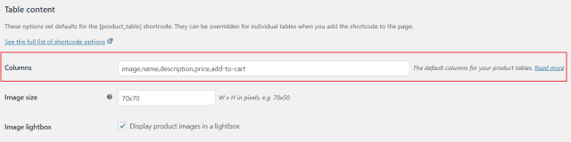 Opzione colonne nelle impostazioni della tabella dei prodotti WooCommerce