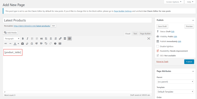 Shortcode della tabella dei prodotti WooCommerce nell'editor classico