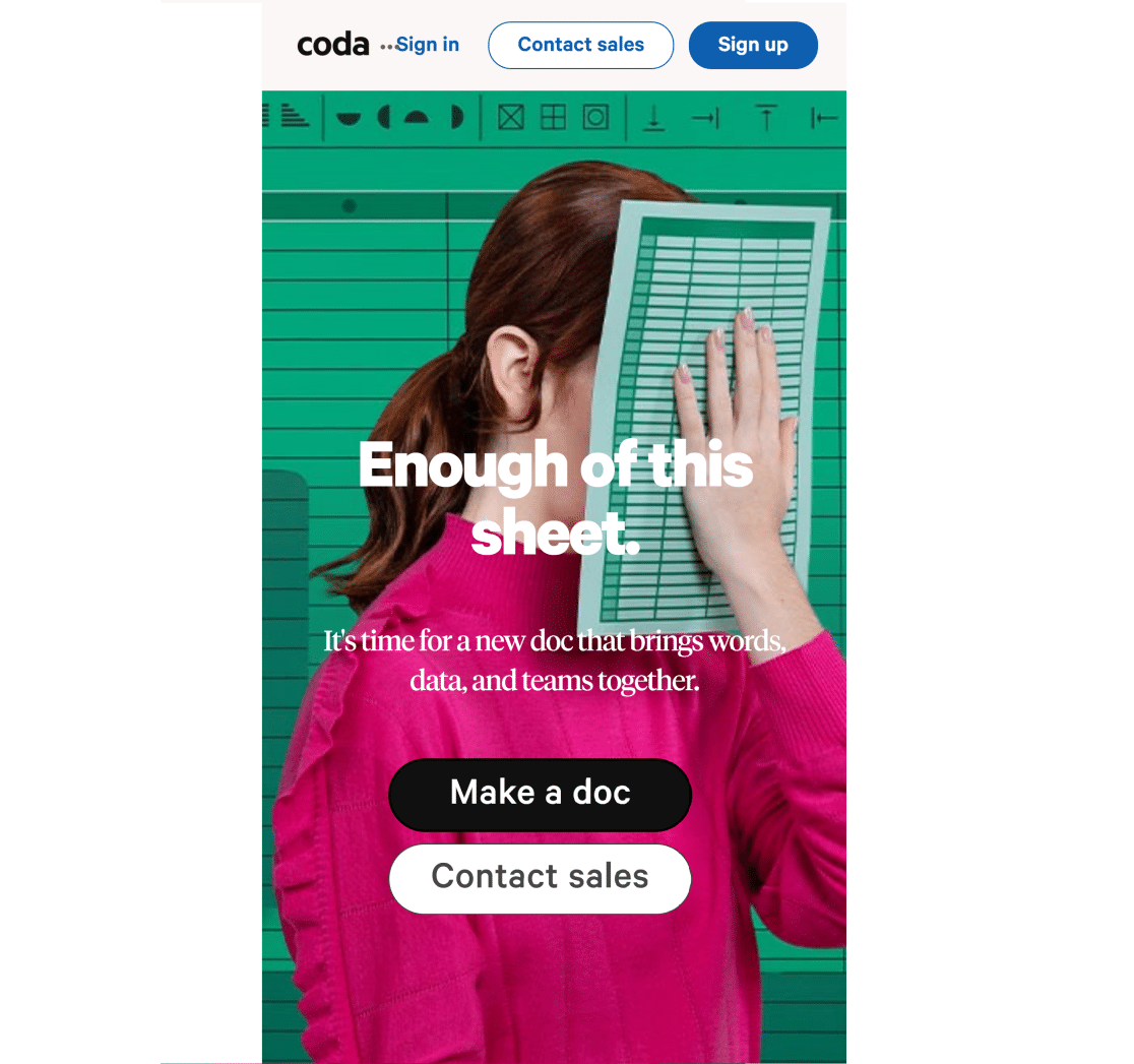 Página de destino da Coda
