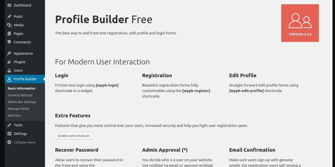 Registro de usuario y perfil de usuario: página de configuración del Generador de perfiles