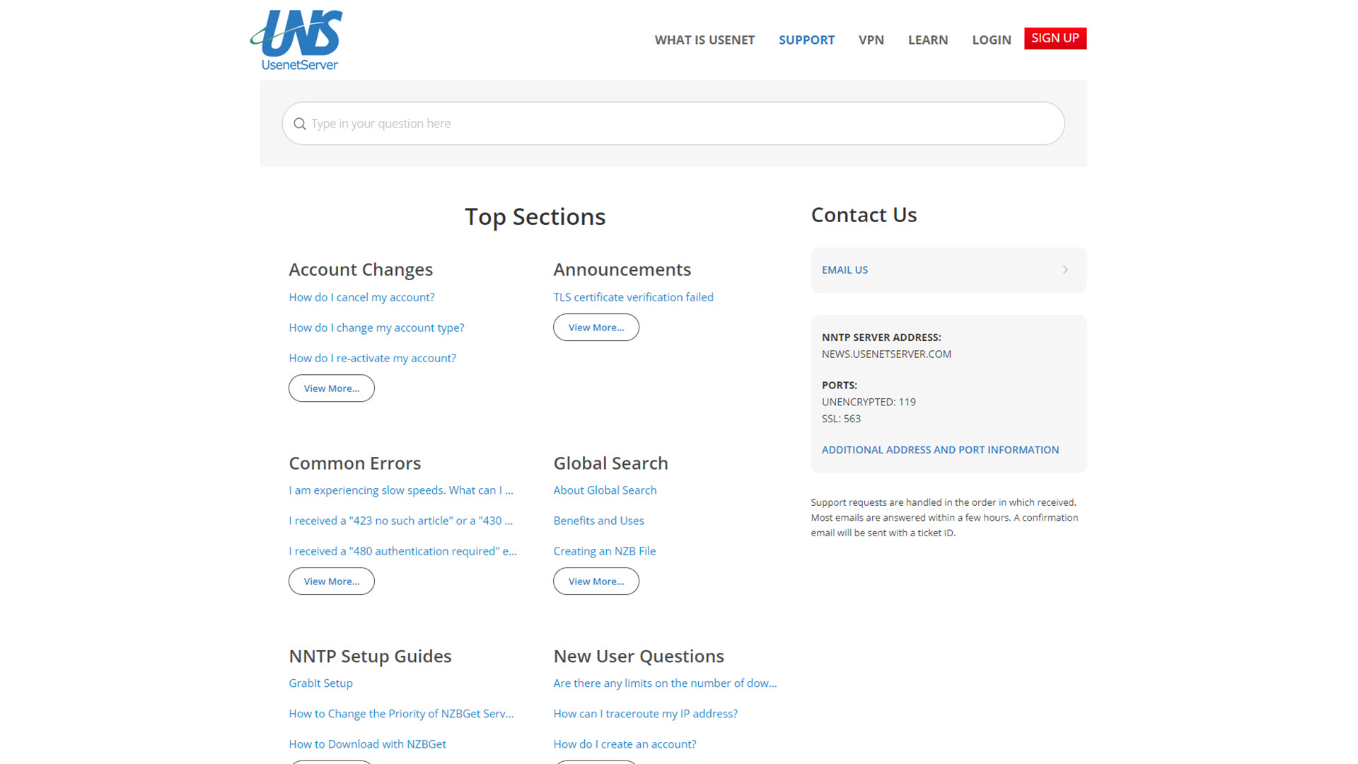 สกรีนช็อตของหน้าสนับสนุนของ UsenetServer