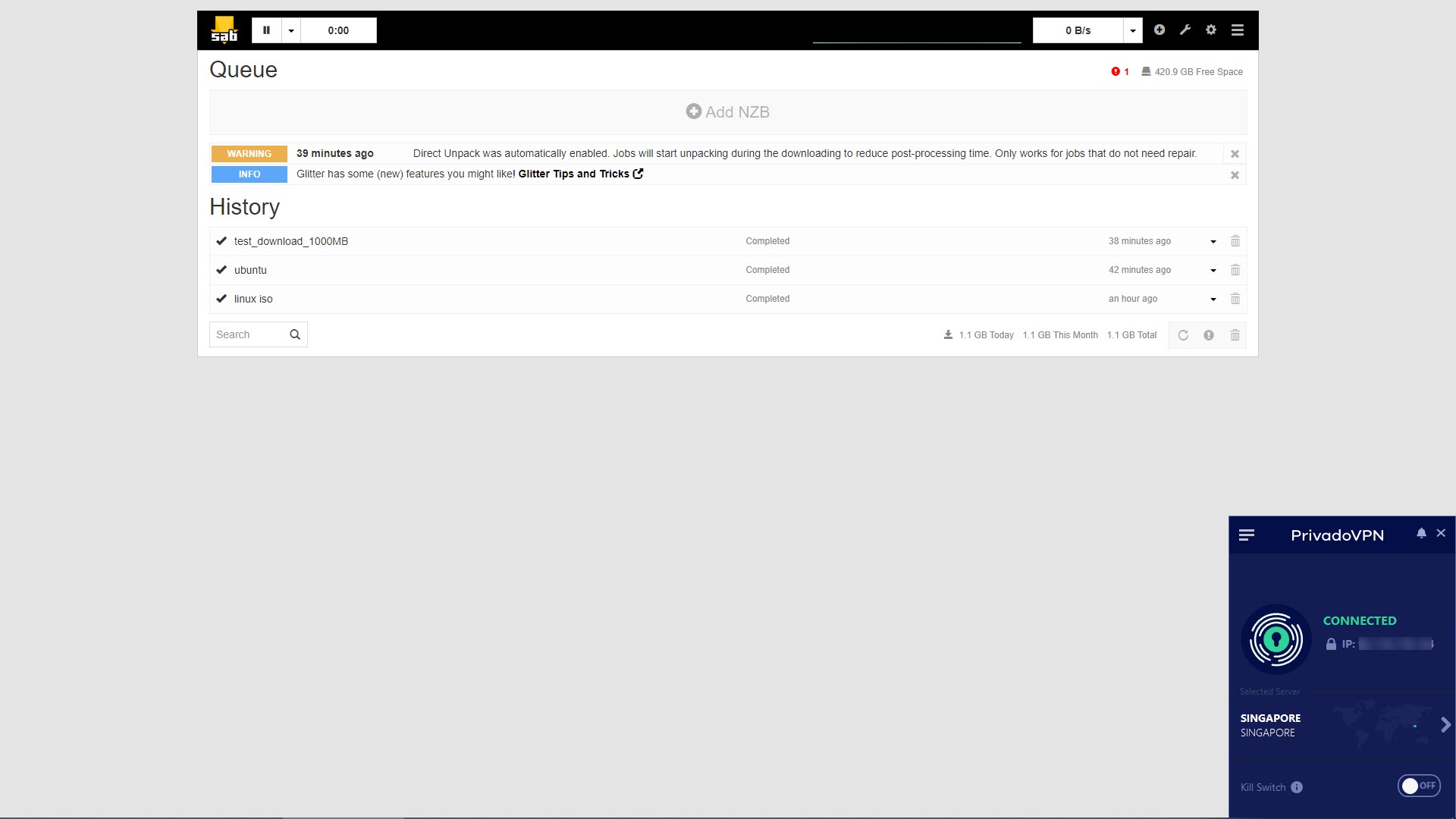 สกรีนช็อตของ PrivadoVPN หน้า SABnzbd
