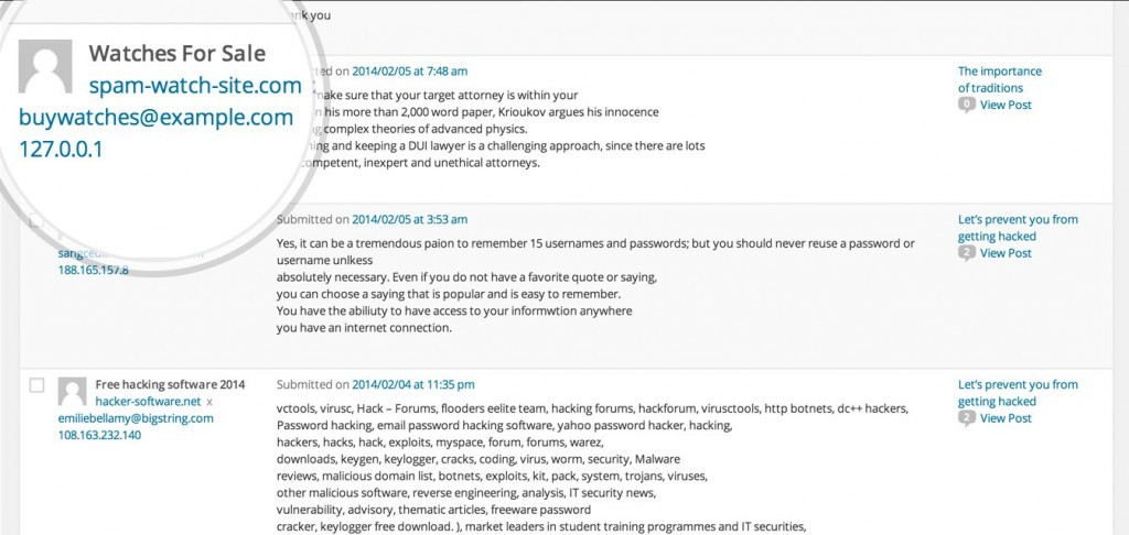 01 akismet sample-spam-screenshot