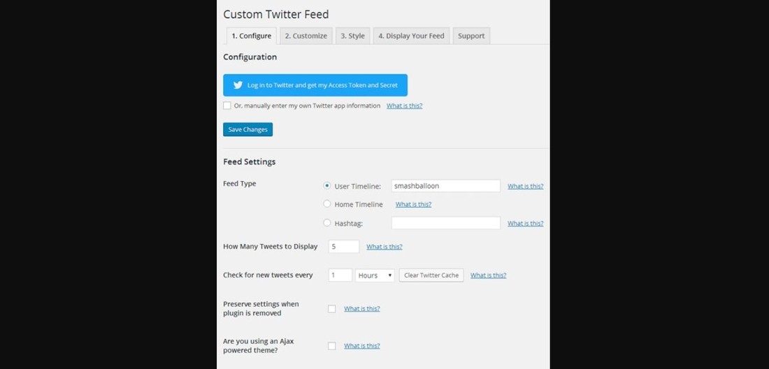 Pagina delle impostazioni dei feed Twitter personalizzati