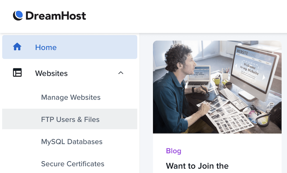 Tautan FTP dalam DreamHost.