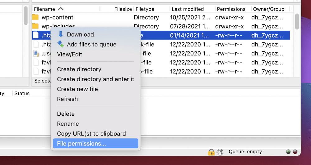 Izin file… opsi dalam FileZilla.