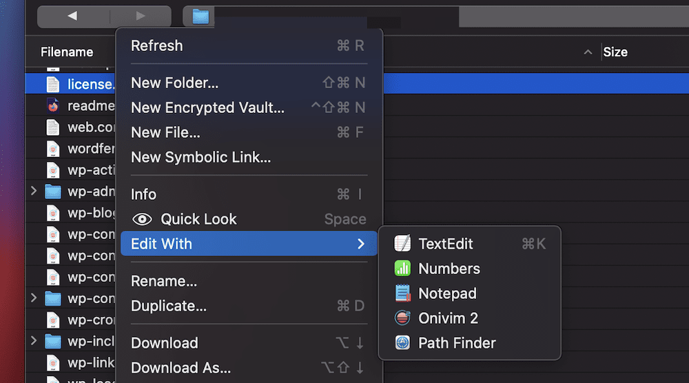 Memilih untuk mengedit file dalam Cyberduck.