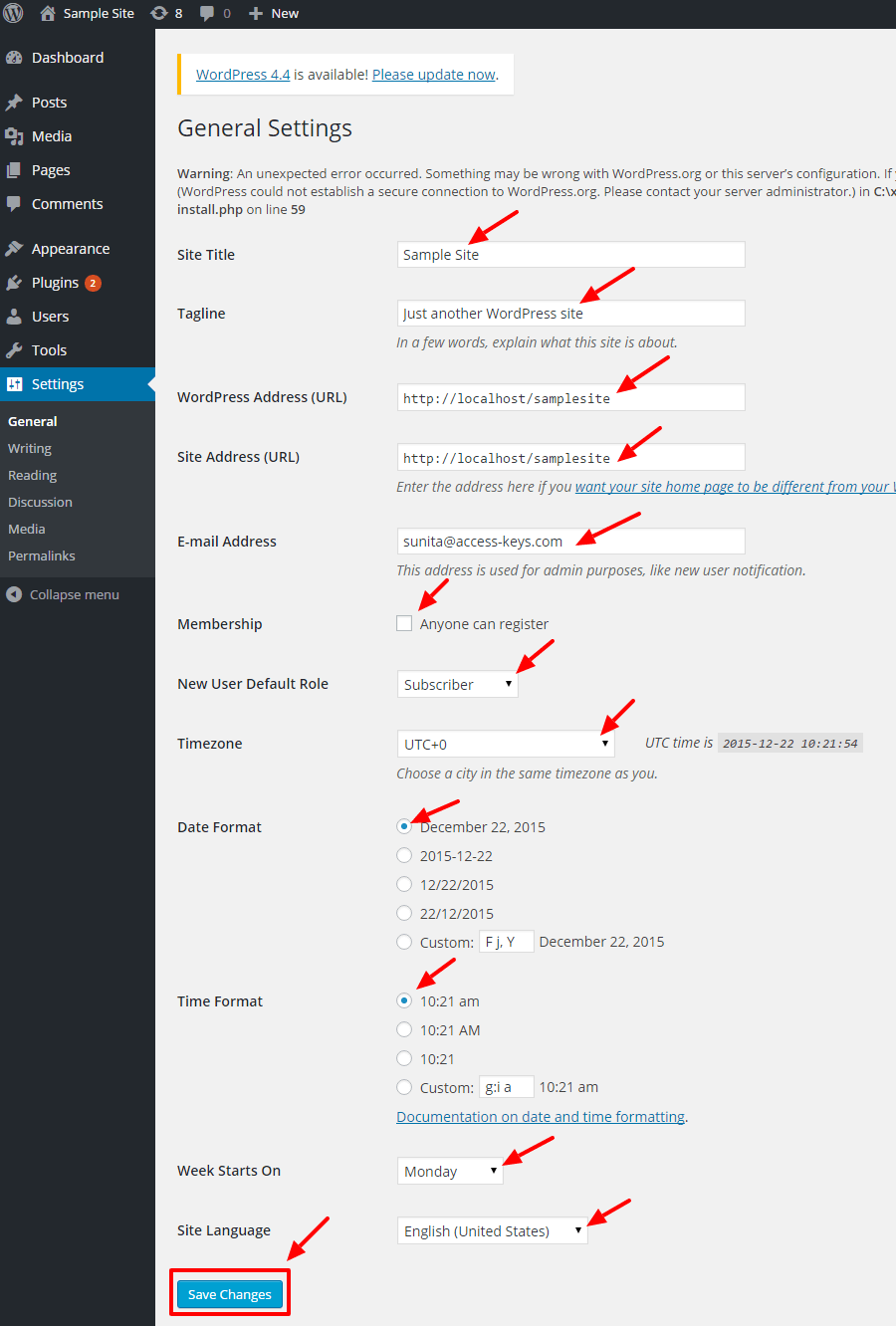 Una guida completa a WordPress per principianti general settings