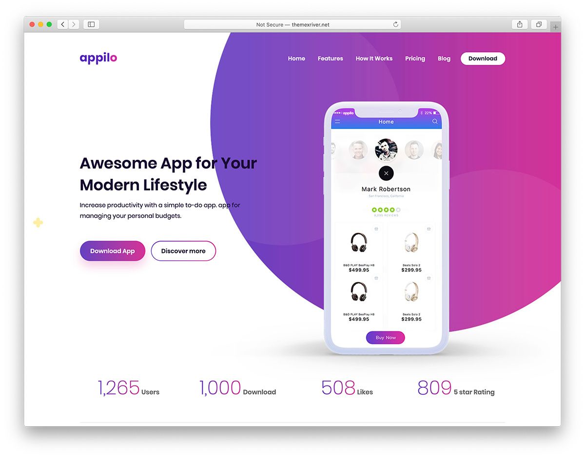 Appilio-アプリのランディングページのウェブサイトのテーマ