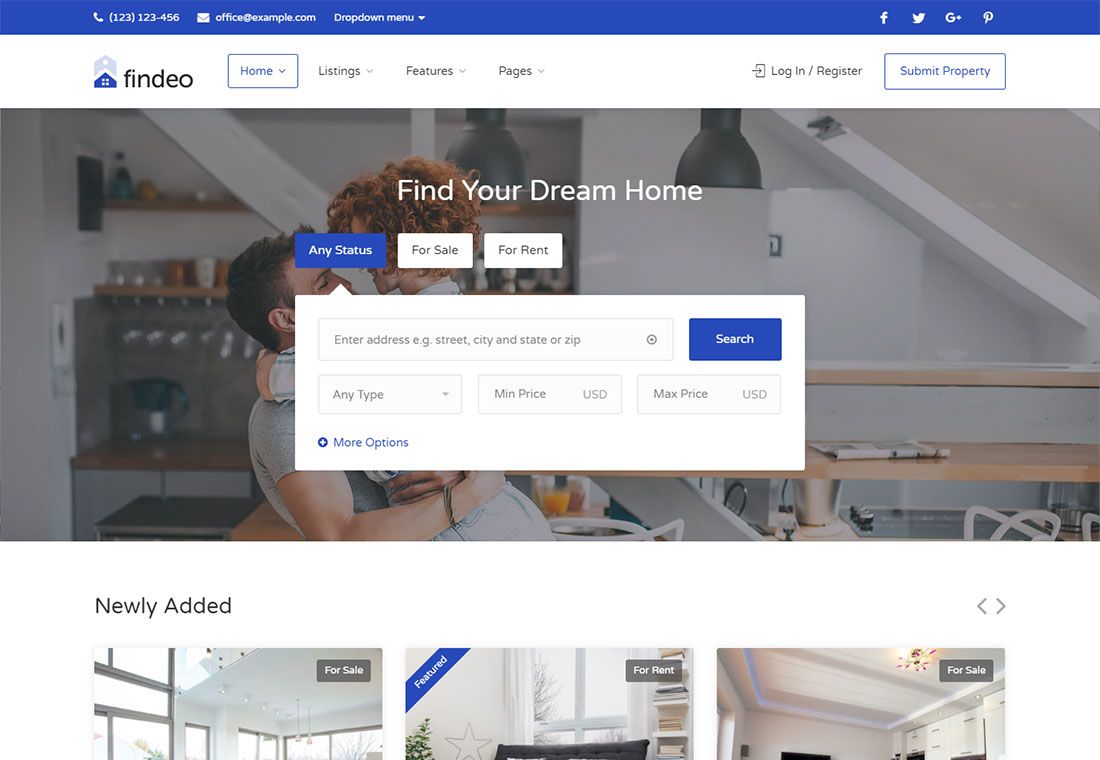 Findeo — тема WordPress для аренды недвижимости