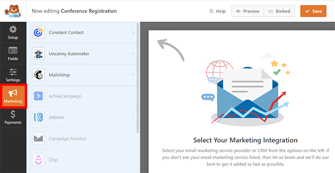 علامة التبويب WPForms Marketing WPForms Marketing tab