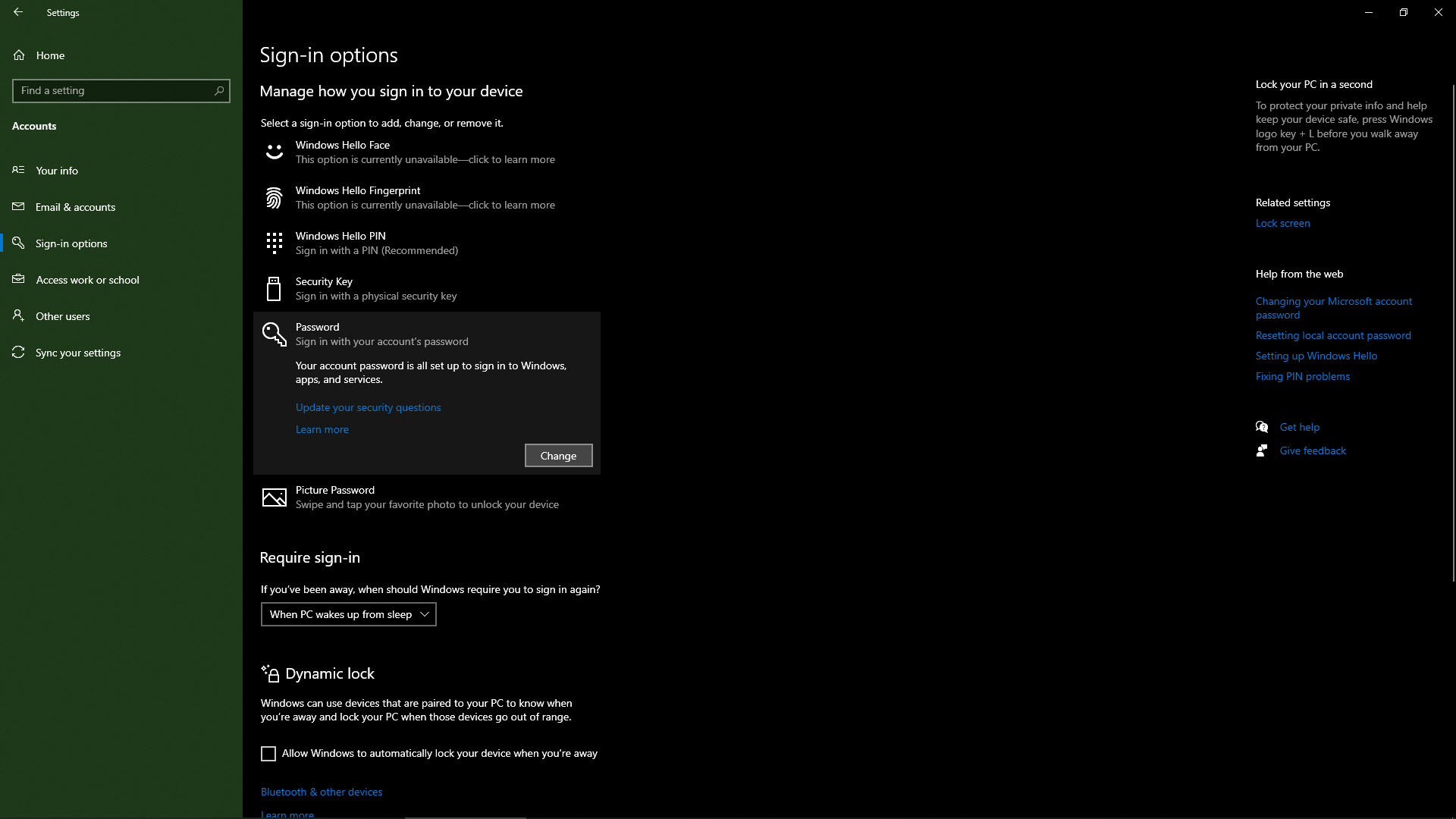 Windows 10 登录选项的屏幕截图