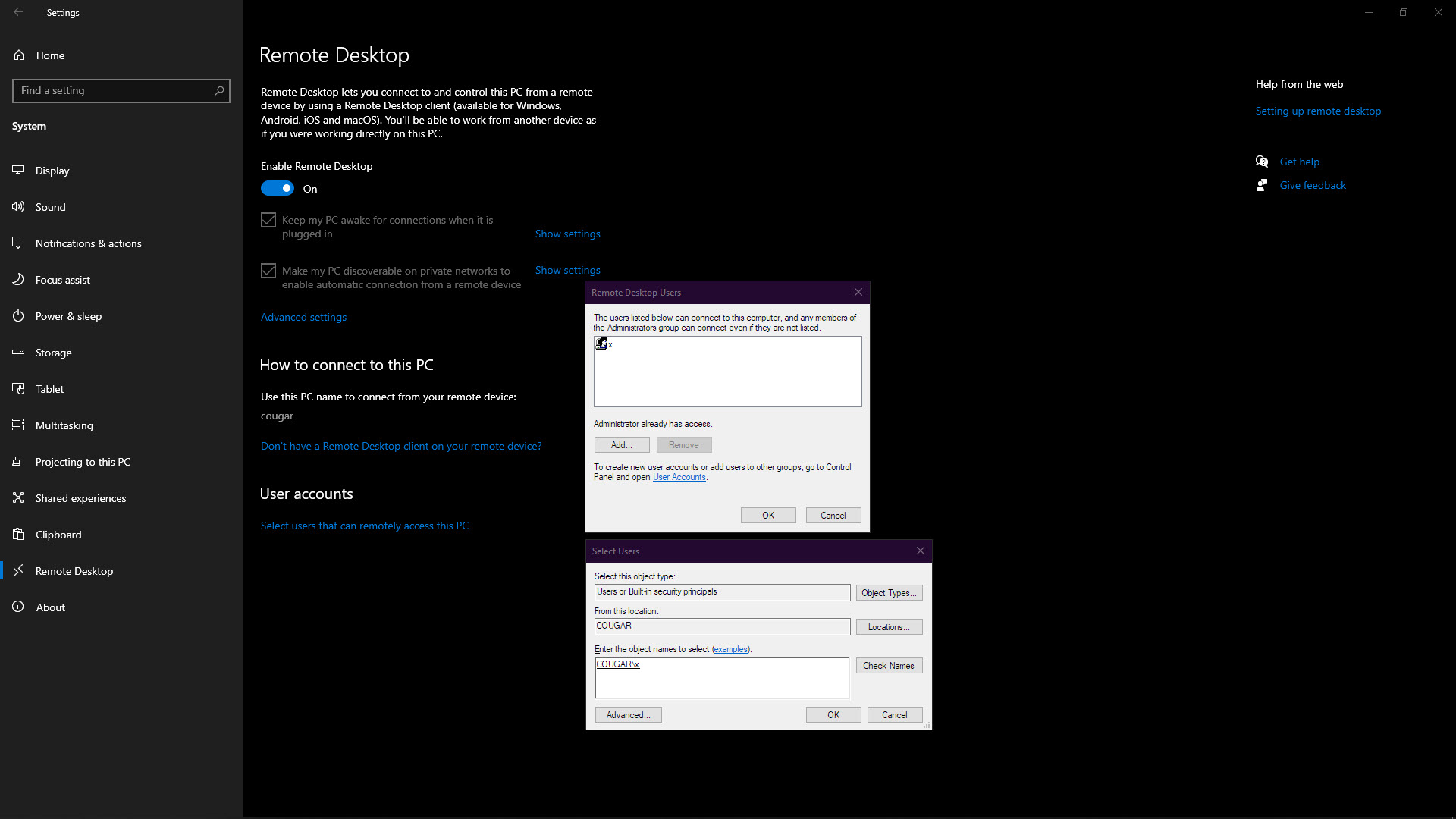 Windows 10 上的远程桌面用户设置的屏幕截图