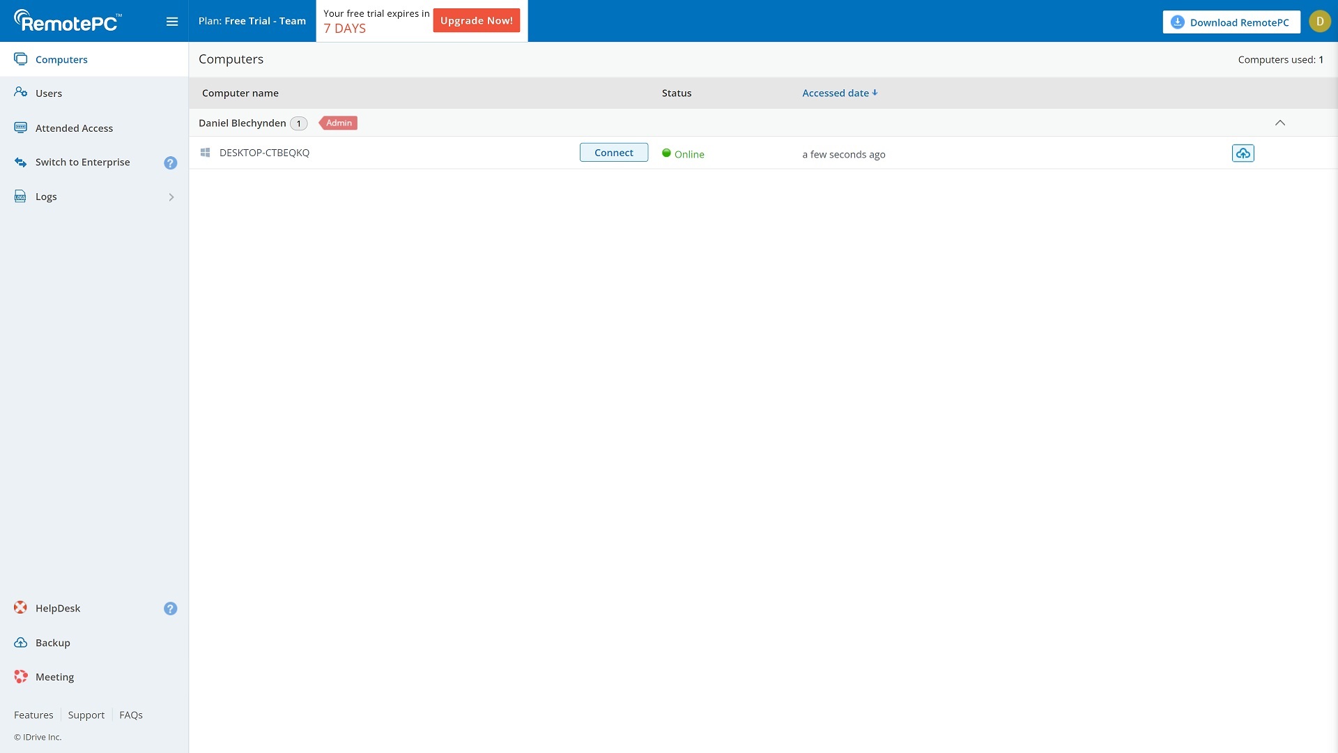 Screenshot des RemotePC-Web-Dashboards