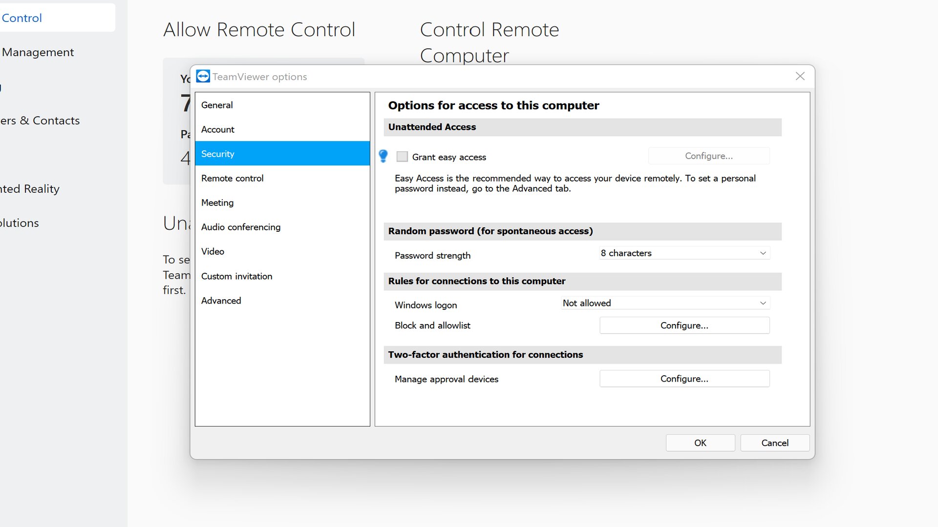 Impostazioni di sicurezza in TeamViewer