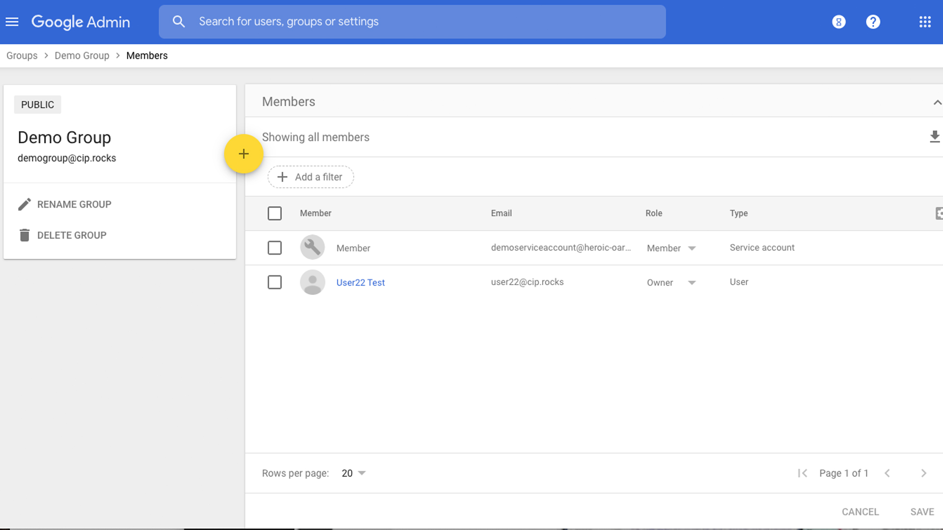 Googleグループの管理ページ