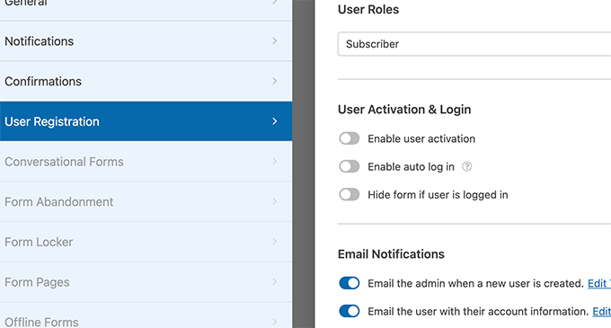 ユーザーアクティベーションオプション user activation options