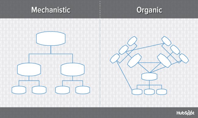 Estructura organizacional mecanicista versus orgánica, comparada en dos diagramas uno al lado del otro