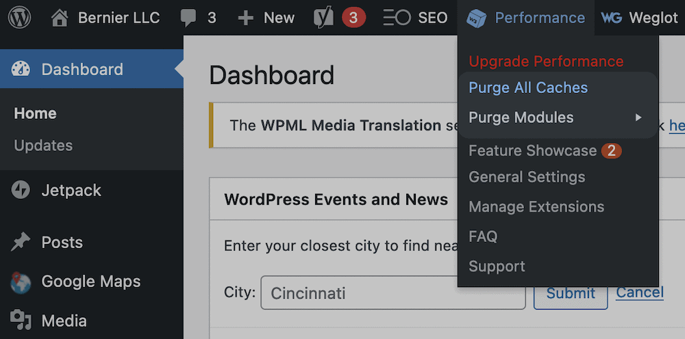L'option Effacer le cache dans WordPress.