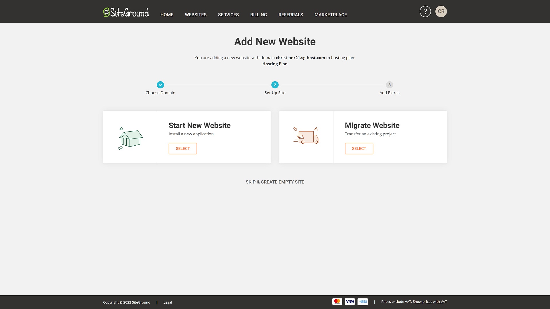 Opțiuni de creare a site-ului SiteGround
