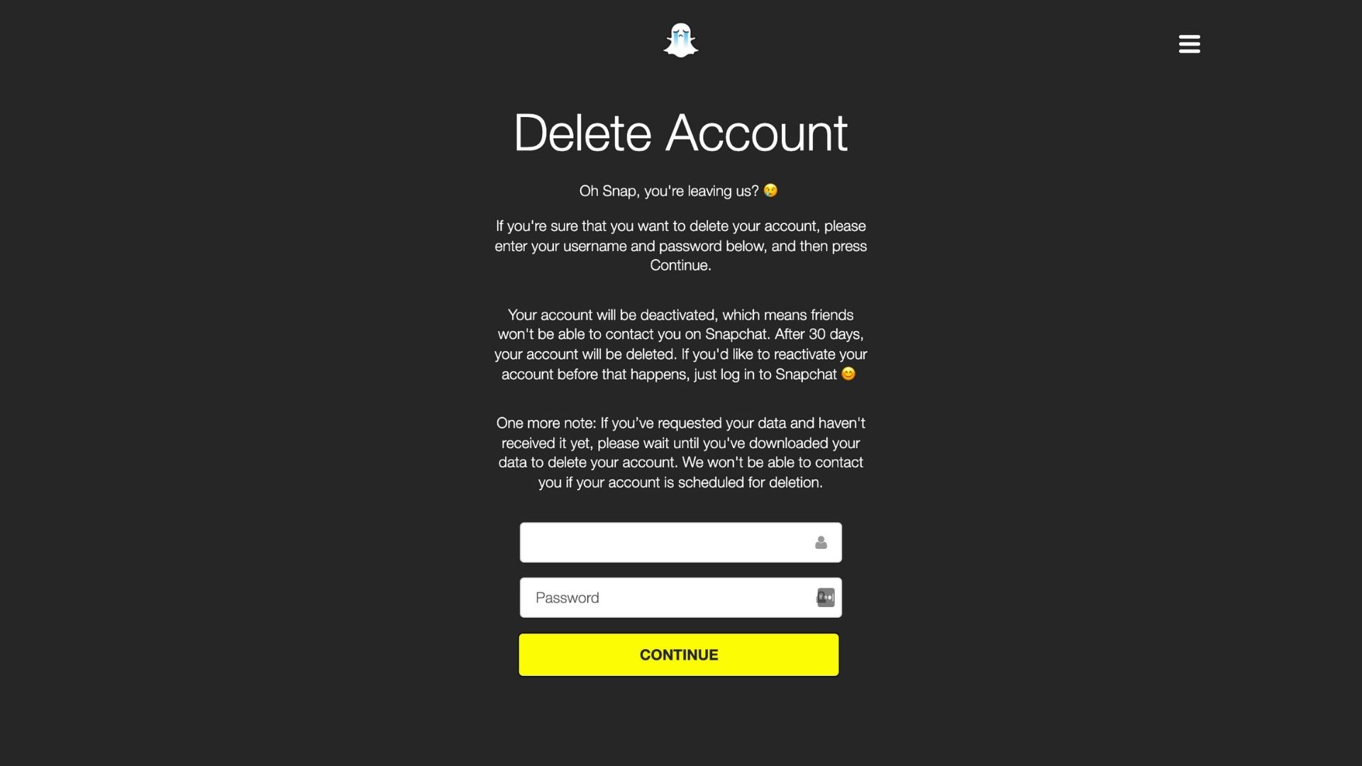 Snapchat 帐户删除步骤的屏幕截图