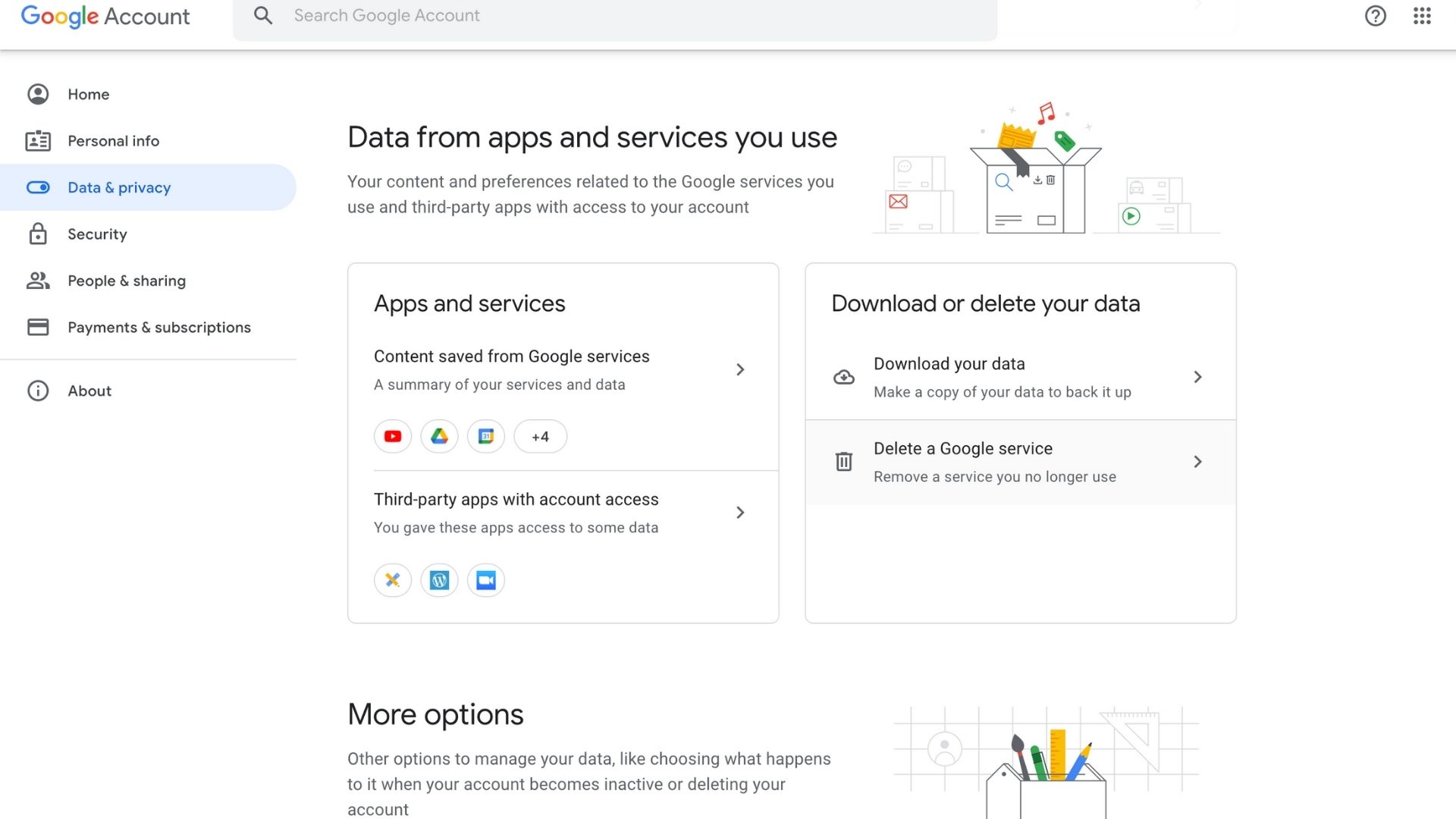 Google 数据和隐私菜单选项的屏幕截图