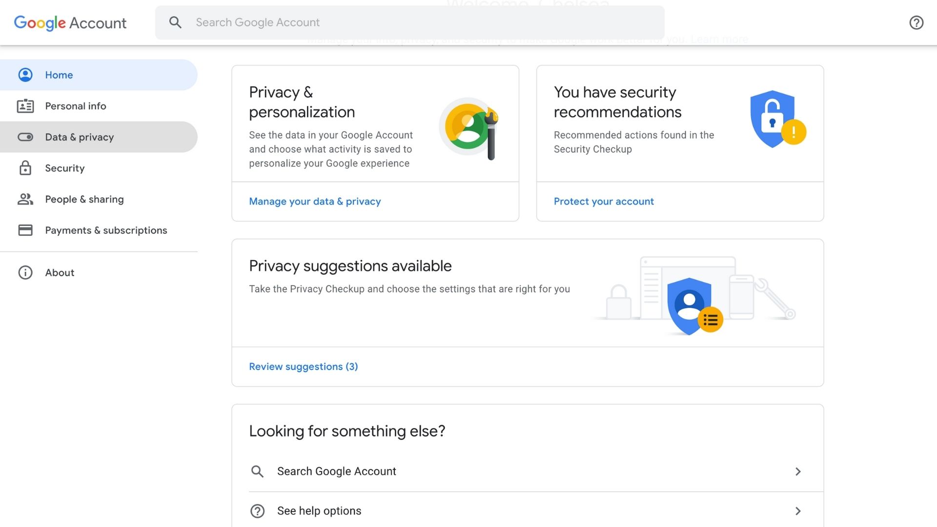 Google 帐户管理页面上的数据和隐私选项的屏幕截图