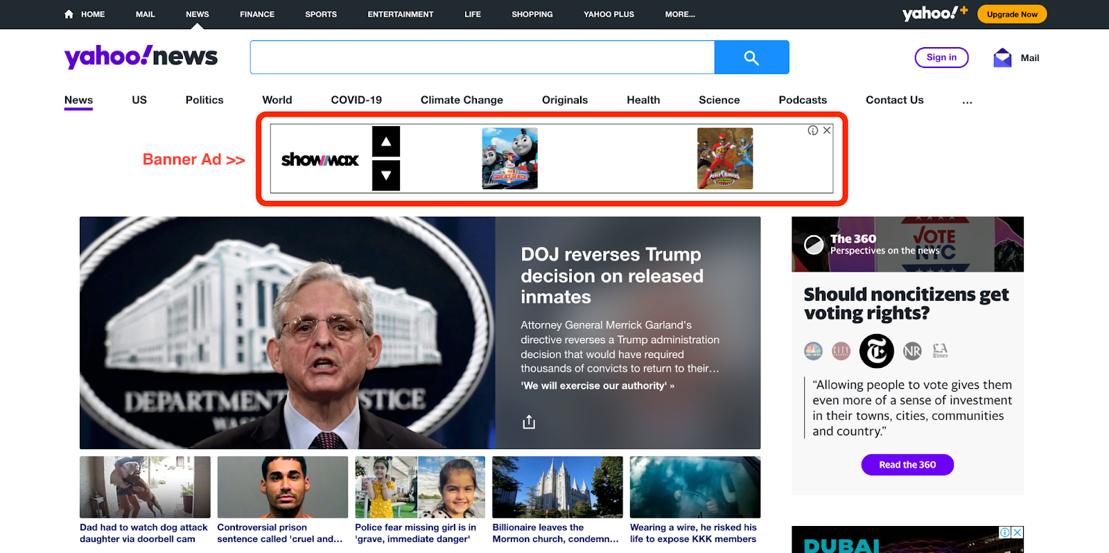 Exemplos de publicidade digital: banner e anúncio gráfico de notícias do yahoo